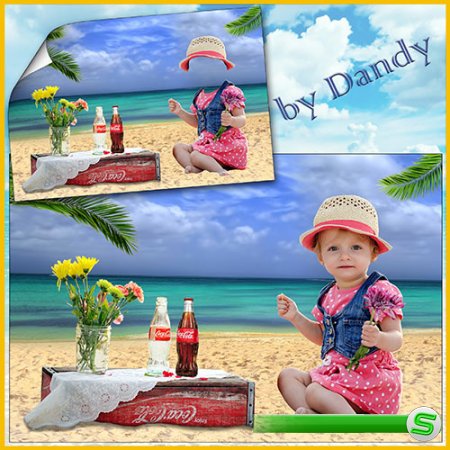 Шаблон для фотошопа - девочка с цветочком возле моря