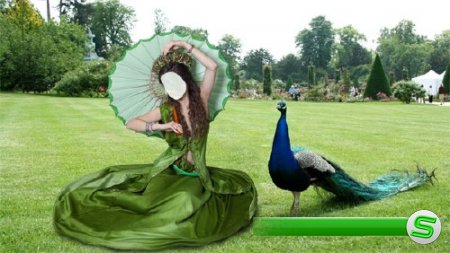  Photoshop шаблон - На отдыхе в зеленом платье и зонтом 