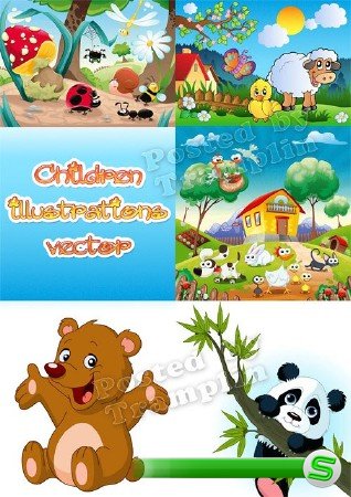 Детские иллюстрации в векторе – Ферма, барашек, цыпленок, мишка