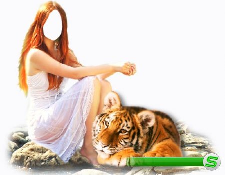  Шаблон psd женский - Девушка с тигром у ног 