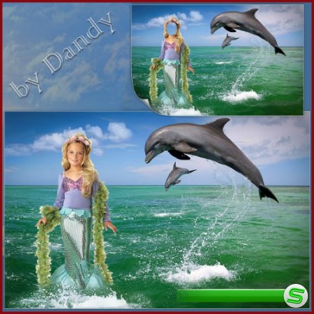 Шаблон для фотошопа - русалочка с дельфинами