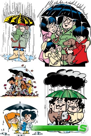 Дождь, люди под дождем (векторные отрисовки)
