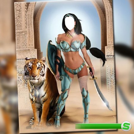  Шаблон psd женский - Восточная красавица с тигром 