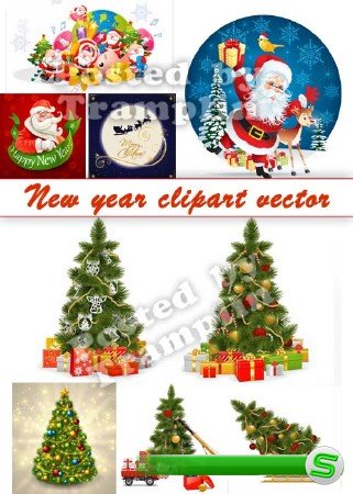 Новый год клипарт вектор - Дед Мороз и елки