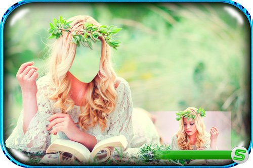 Шаблон фотошоп - Блондинка в зеленом венке читает книгу