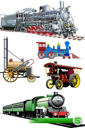 Железнодорожный транспорт: ретро паровоз (подборка векторных отрисовок)