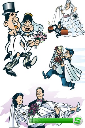 Свадьба: жених, невеста, свадебные принадлежности (подборка векторных отрисовок)