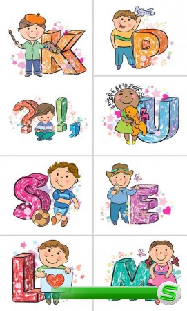 Алфавит (буквы и дети на прозрачном фоне)