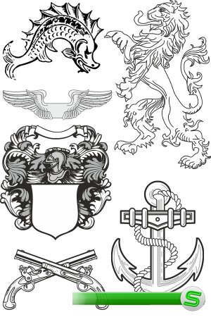 Геральдика (якоря, гербы, львы, орлы, крылья) подборка вектора