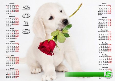  Календарь на 2018 год - Белый щенок с цветком 